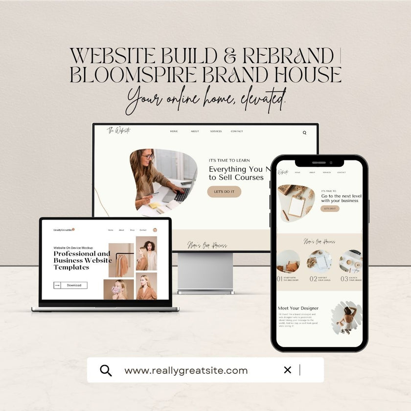 Promotional graphic for website building and branding services with a laptop, tablet, and smartphone displaying website designs.