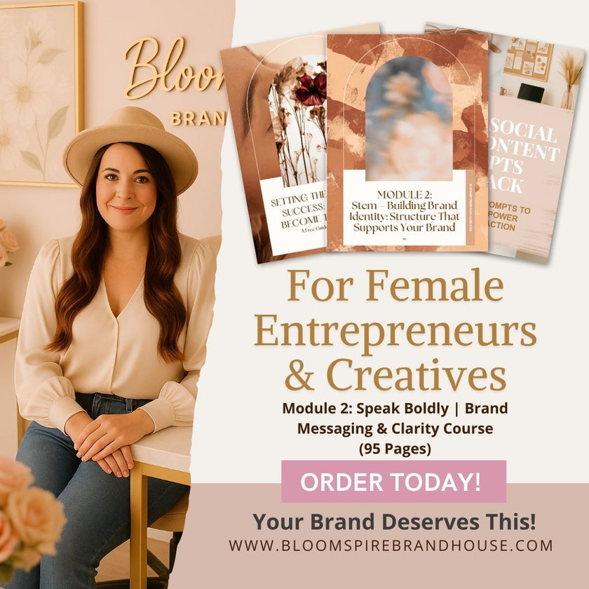Woman sitting with promotional materials for a brand messaging and clarity course for female entrepreneurs and creatives.