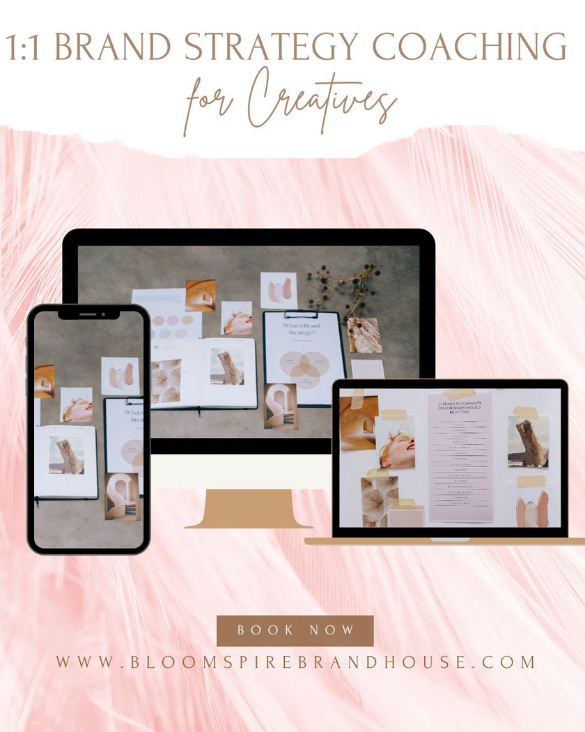 Promotional graphic for brand strategy coaching with devices displaying design work on a pink background.